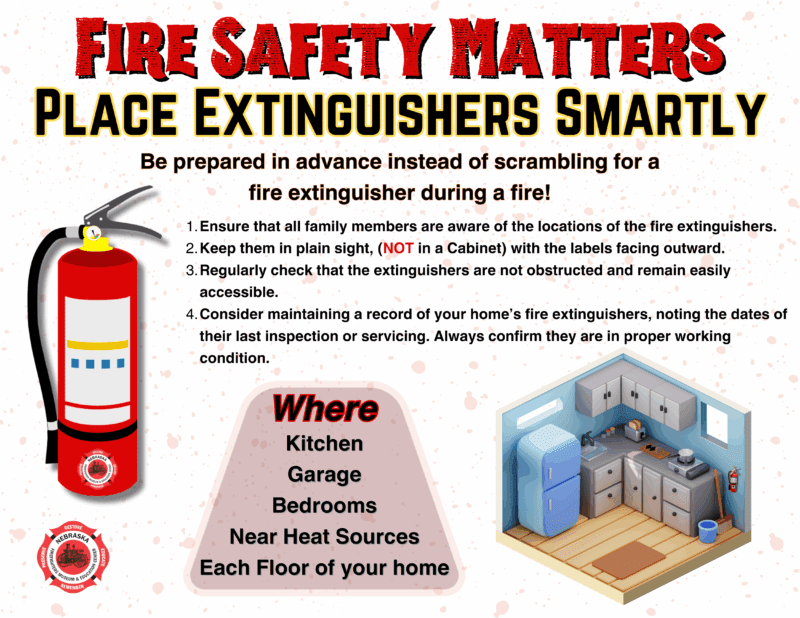 Infographic titled "Fire Safety Matters: Place Extinguishers Smartly" from the Nebraska Firefighters Museum & Education Center. It emphasizes proper fire extinguisher placement and preparation, listing four key safety tips including visibility, accessibility, and maintenance. Recommended locations include the kitchen, garage, bedrooms, near heat sources, and on each floor of the home. A fire extinguisher graphic and a 3D illustration of a kitchen with a mounted extinguisher visually reinforce the message.