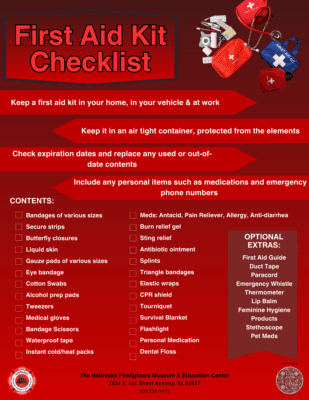 Infographic titled "First Aid Kit Checklist" created by the Nebraska Firefighters Museum & Education Center. It outlines essential first aid supplies, including bandages, gauze, ointments, medications, tweezers, gloves, and survival items. Additional tips advise storing kits in airtight containers, checking expiration dates, and including personal medications and emergency contacts. Optional extras listed include a first aid guide, duct tape, thermometer, pet meds, and more. Image features red and blue first aid kits and the museum’s contact information with a QR code.
