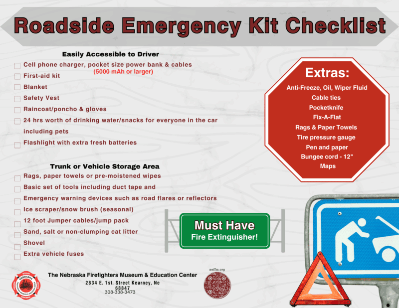 Infographic titled "Roadside Emergency Kit Checklist" from the Nebraska Firefighters Museum & Education Center. It lists essential emergency items for vehicles, including a phone charger, first-aid kit, blanket, safety vest, water, flashlight, tools, jumper cables, and more. The checklist is divided into items easily accessible to the driver and those stored in the trunk. A red octagon highlights extras like tire pressure gauges, Fix-A-Flat, maps, and cable ties. A green sign emphasizes the importance of having a fire extinguisher. The image includes a roadside assistance symbol and emergency warning triangle.