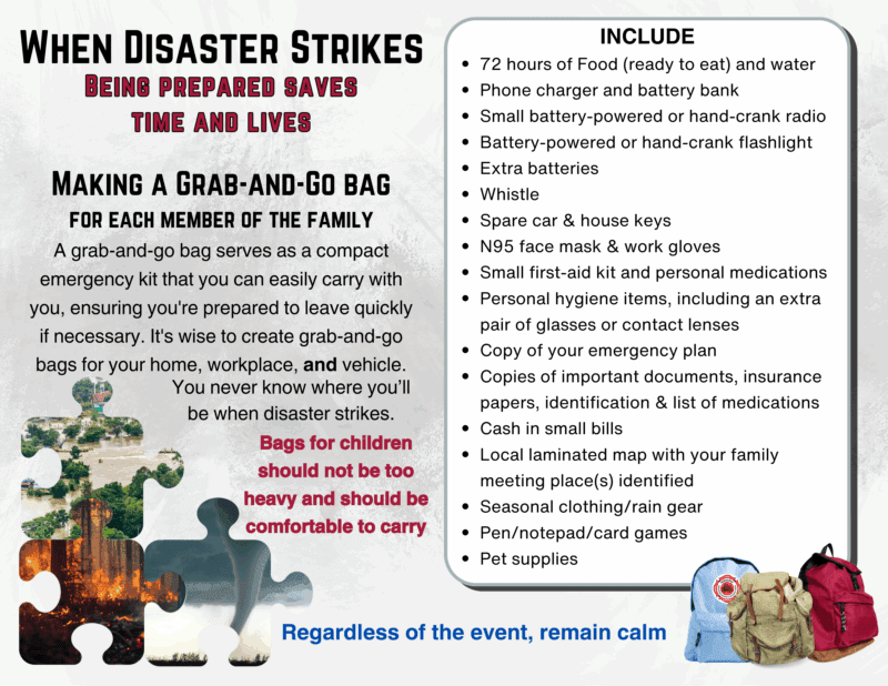 Infographic titled "When Disaster Strikes: Being Prepared Saves Time and Lives" from the Nebraska Firefighters Museum & Education Center. It explains the importance of creating a grab-and-go emergency bag for each family member, with a detailed checklist of essential items such as 72 hours of food and water, phone charger, flashlight, first-aid kit, personal medications, important documents, spare keys, hygiene supplies, pet items, and a local map. Visuals include disaster-related imagery (flood, fire, tornado), puzzle piece graphics, and emergency backpacks. Key safety reminder: "Regardless of the event, remain calm."